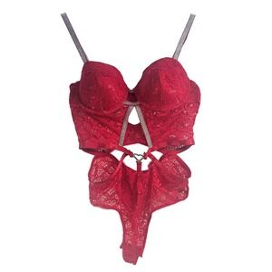 BodyRage Red Lace Heart Cutout Teddy Corset Thong Lingerie Set Petit